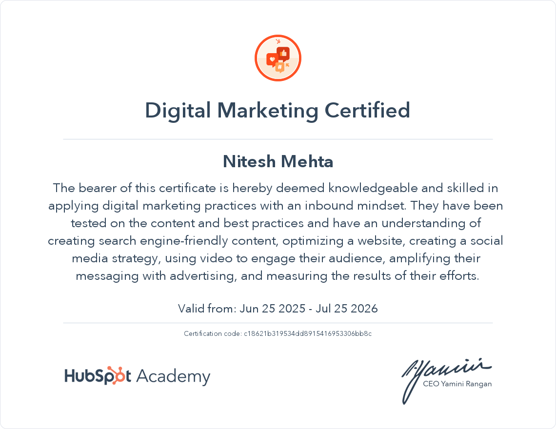Nitesh Mehta - Hubsport Digital Marketing Certified